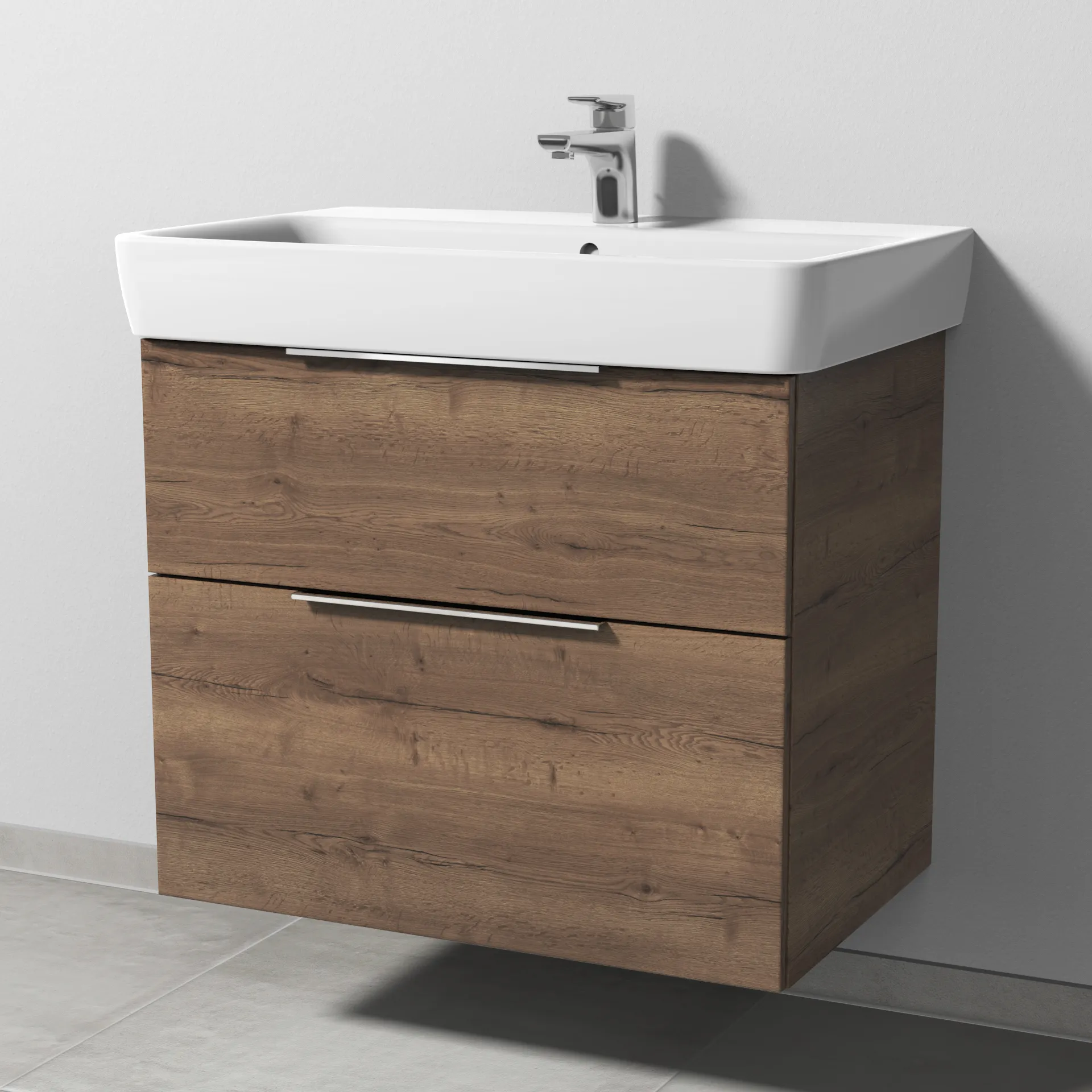 Sanipa Waschtischunterschrank „3way“ passend zu Keramik-Waschtische Renova Plan von Geberit 690 × 588 × 407 mm in Eiche Tabak, Becken mittig