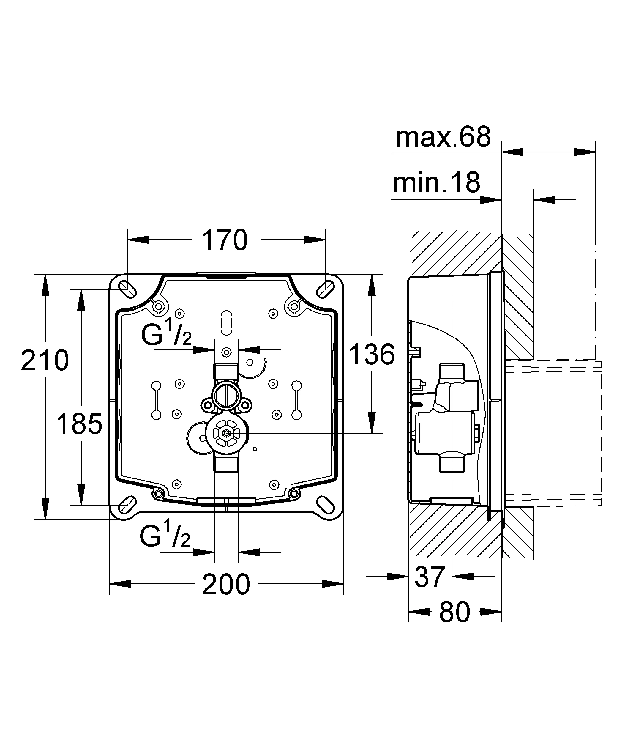 Urinal-Rohbauset Rapido UMB 38787, für manuelle Betätigung oder Tectron Infrarot Elektronik 6 V, für Nass- und Trockenausbau, für Fertigmontagesets mit Abmessungen 116 x 144 mm