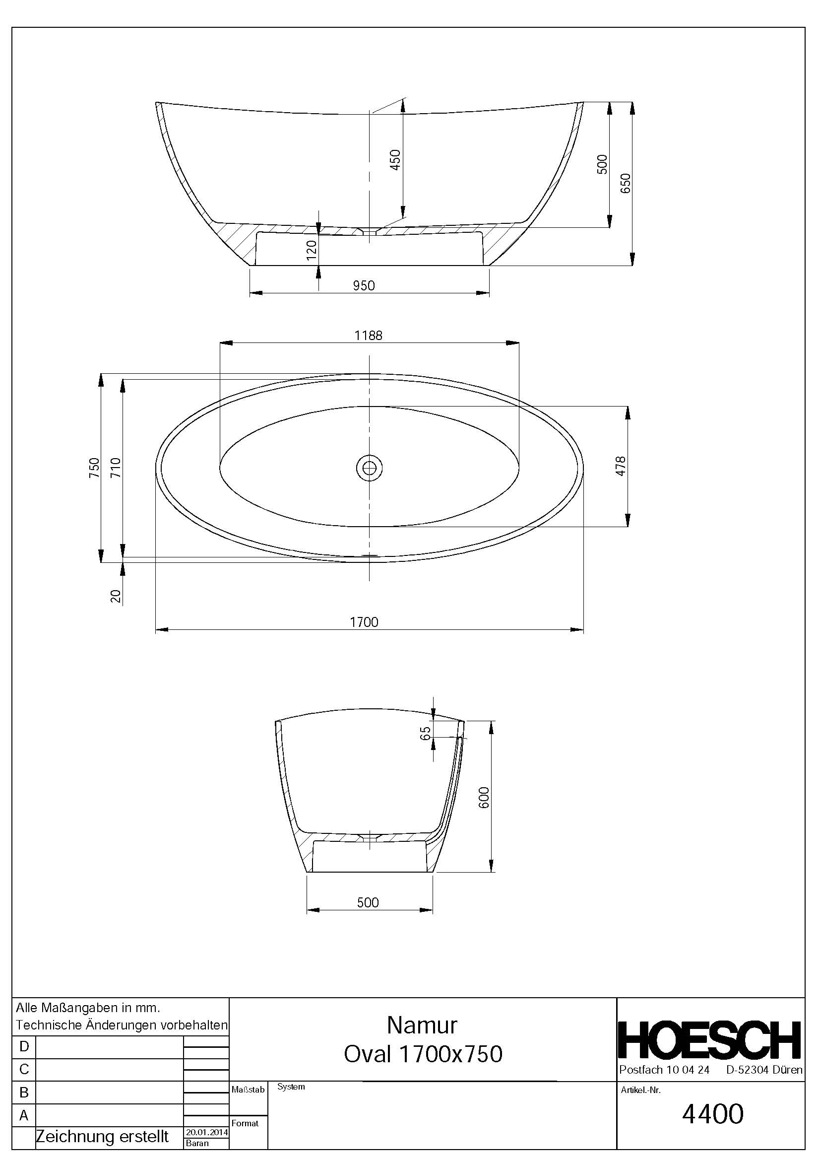 Hoesch Badewanne „Namur“ freistehend oval 170 × 75 cm in Weiß