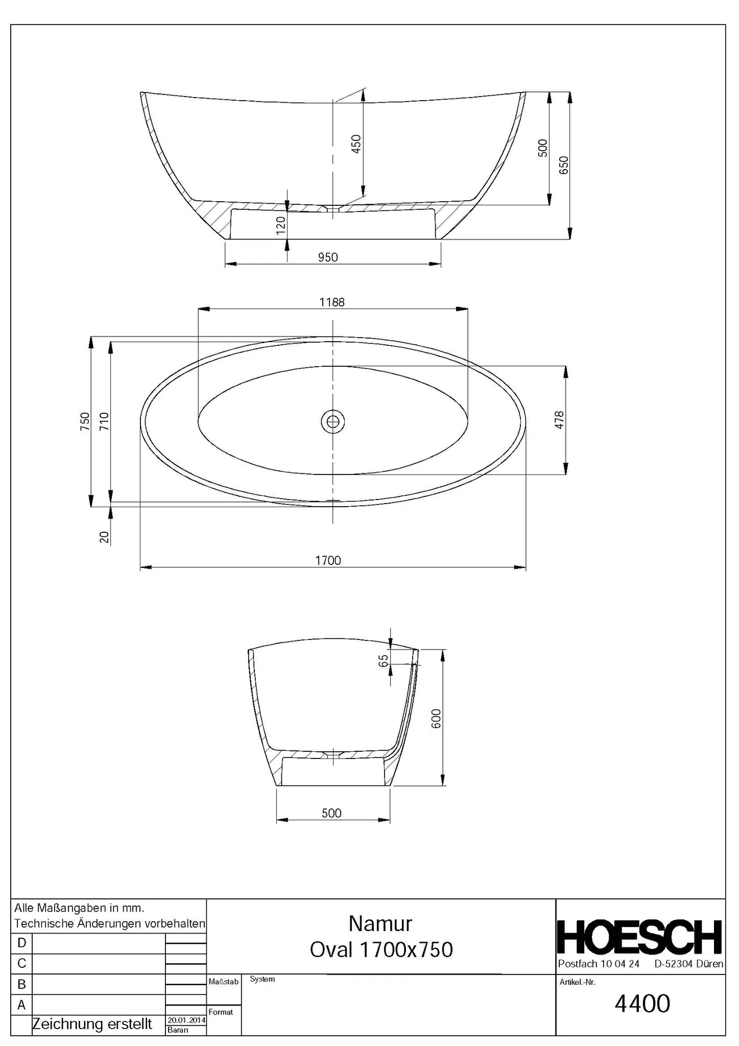 Hoesch Badewanne „Namur“ freistehend oval 170 × 75 cm in Weiß-Grau