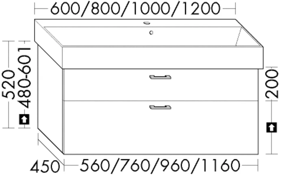 Waschtischunterschrank Catalano Premium 02 1160 von burgbad Sys30 – 450 mm tief, 1 Schublade oben, 1 Auszug unten, 350 mm Einbaumaß