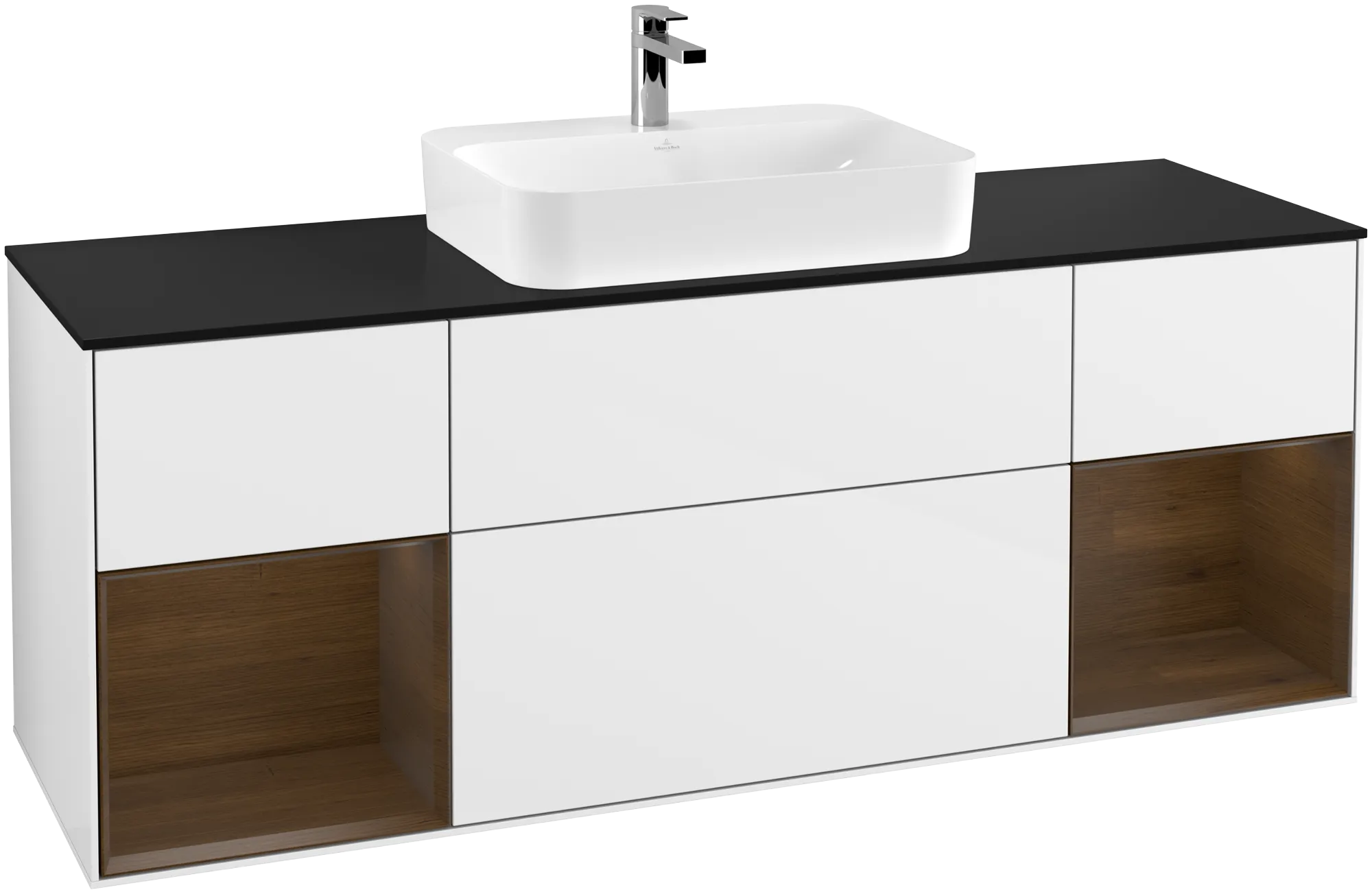 Villeroy & Boch Finion Waschbeckenunterschrank G45 1600x603x501mm Glossy White Lacquer / Walnut Veneer / Glass Black Matt