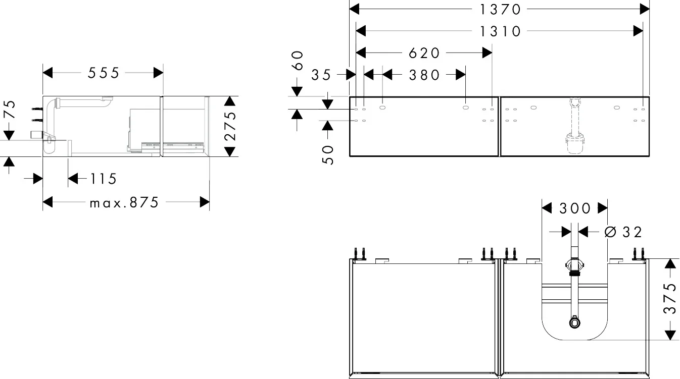 Hansgrohe Xevolos E Waschtischunterschrank Mattweiß 1370x550 mm mit 2 Schubkästen, griff- und geräuschlos, SoftClose, PushOpen, Wandmontage