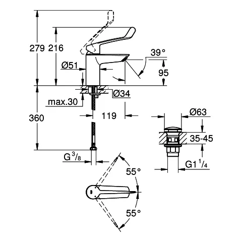 Einhand-Waschtischbatterie Eurosmart 23982_3, S-Size, langer Metallhebel, Einlochmontage, Temperaturbegrenzer, glatter Körper mit Push-open Ablaufgarnitur, chrom Einhand-Waschtischbatterie Eurosmart 23982_3, S-Size, langer Metallhebel, Einlochmontage, Temperaturbegrenzer, glatter Körper mit Push-open Ablaufgarnitur, chrom