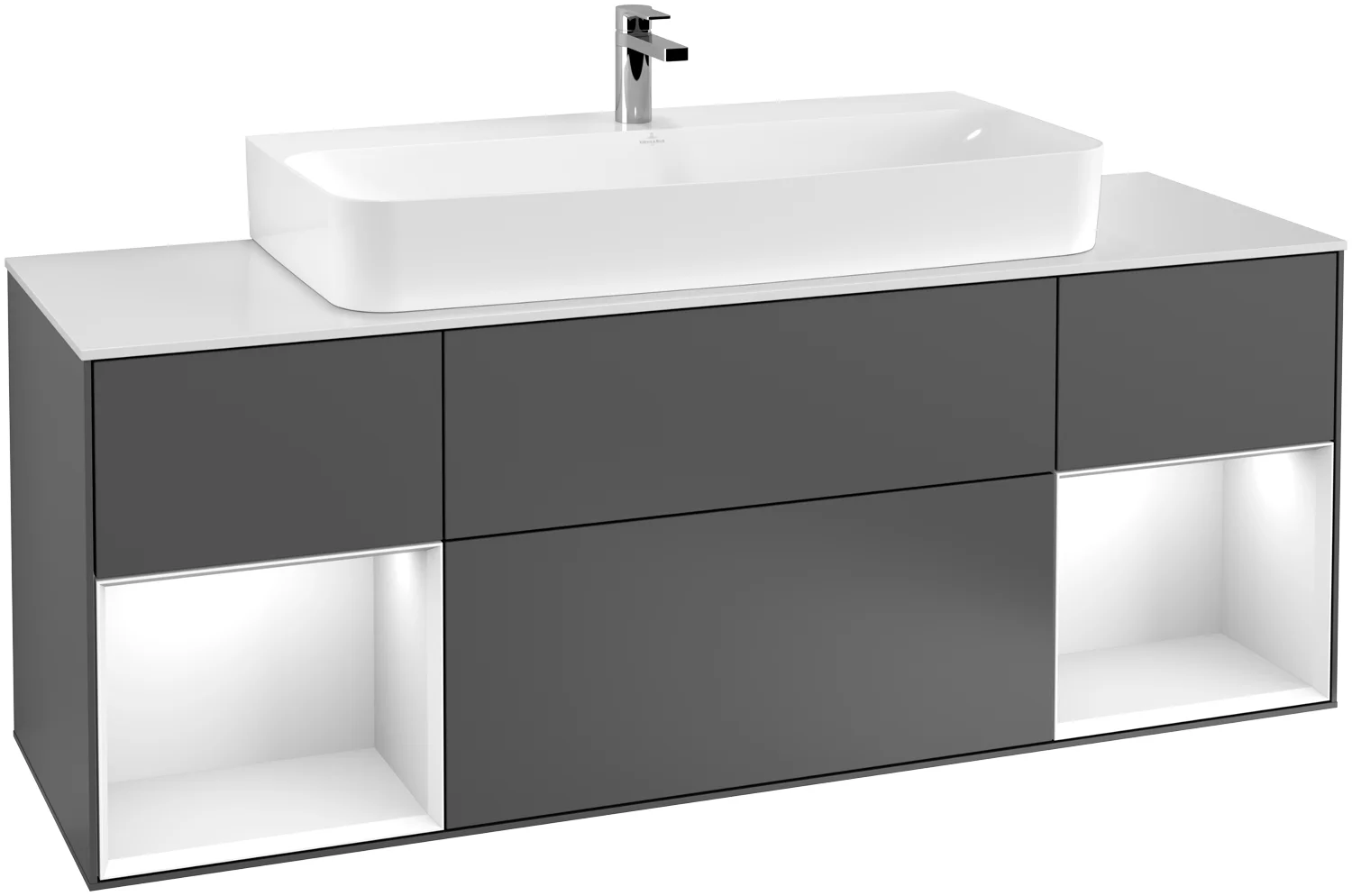 Villeroy & Boch Waschbeckenunterschrank Finion F21, 1600x603x501mm, Olive Matt Lacquer / White Matt Lacquer / Glass Black Matt