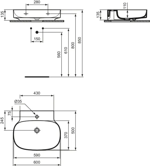 Waschbecken „Linda-X“ 60 × 50 × 13,5 cm, Hahnlochposition mittig in Weiß Waschbecken „Linda-X“ 60 × 50 × 13,5 cm, Hahnlochposition mittig in Weiß