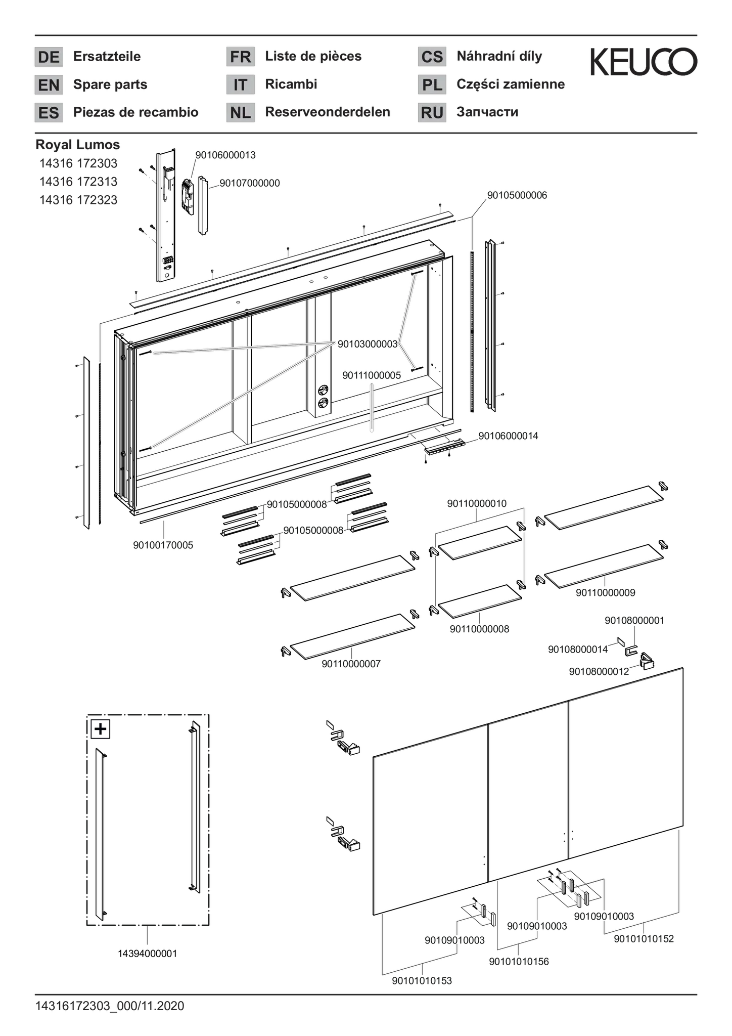 KEUCO Wandeinbau Spiegelschrank mit verdecktem Ablagefach „Royal Lumos“ in Silber (eloxiert), Unterputz, mit Steckdosen, ohne Spiegelheizung 1400 × 735 × 165 mm