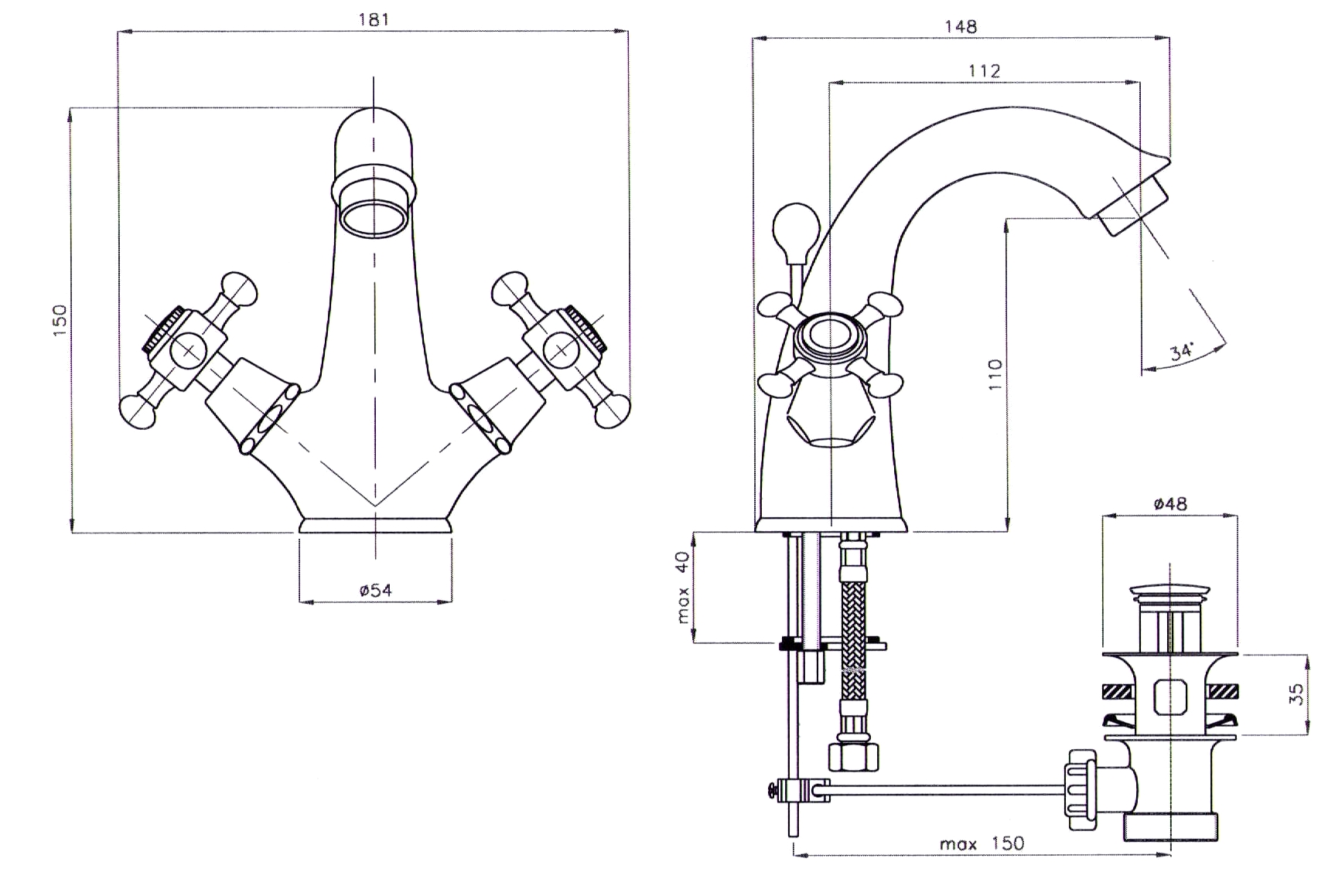 Waschtisch-Einlochbatterie AqvaRetro I - 1" 1/4 Zugstangen-Ablaufgarnitur - keramische Innenoberteile 90° - flexible Druckschläuche 3/8", DVGW W270 - chrom