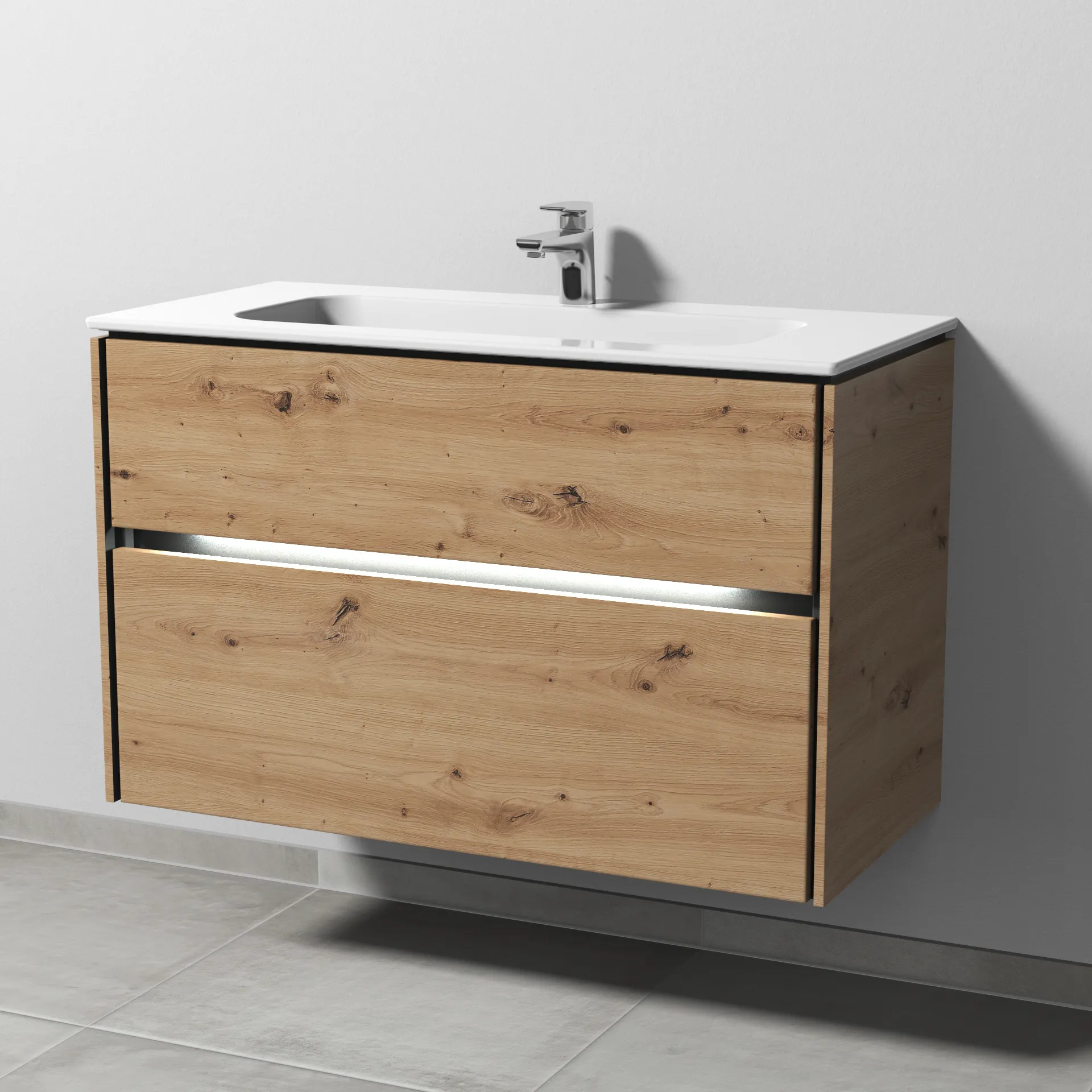 Keramik-Waschtisch-Set mit Waschtischunterschrank „Twiga“ 99 × 46 × 61 cm in Eiche Natural-Touch, mit Hahnlochbohrung, mit Beleuchtung