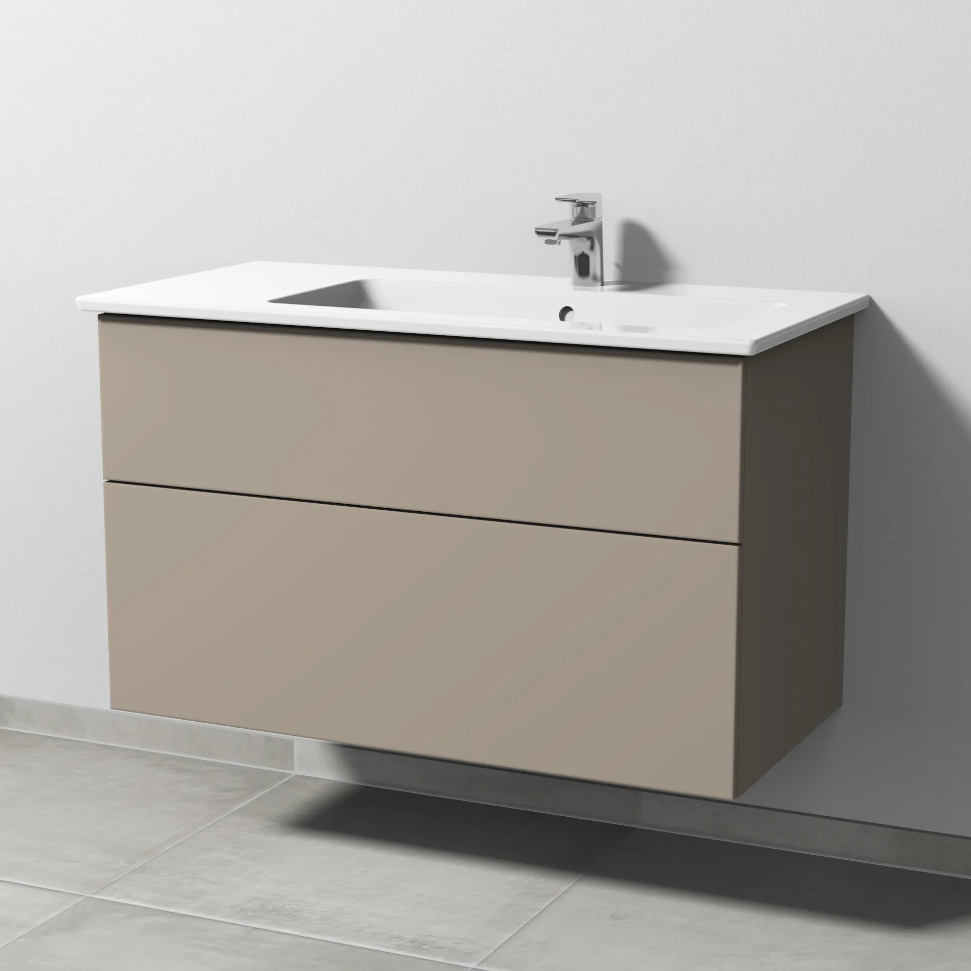 Keramik-Waschtisch-Set mit Waschtischunterschrank „3way“ 95,5 × 47,7 × 59,1 cm in Sandgrau (matt), mit Hahnlochbohrung, Becken rechts