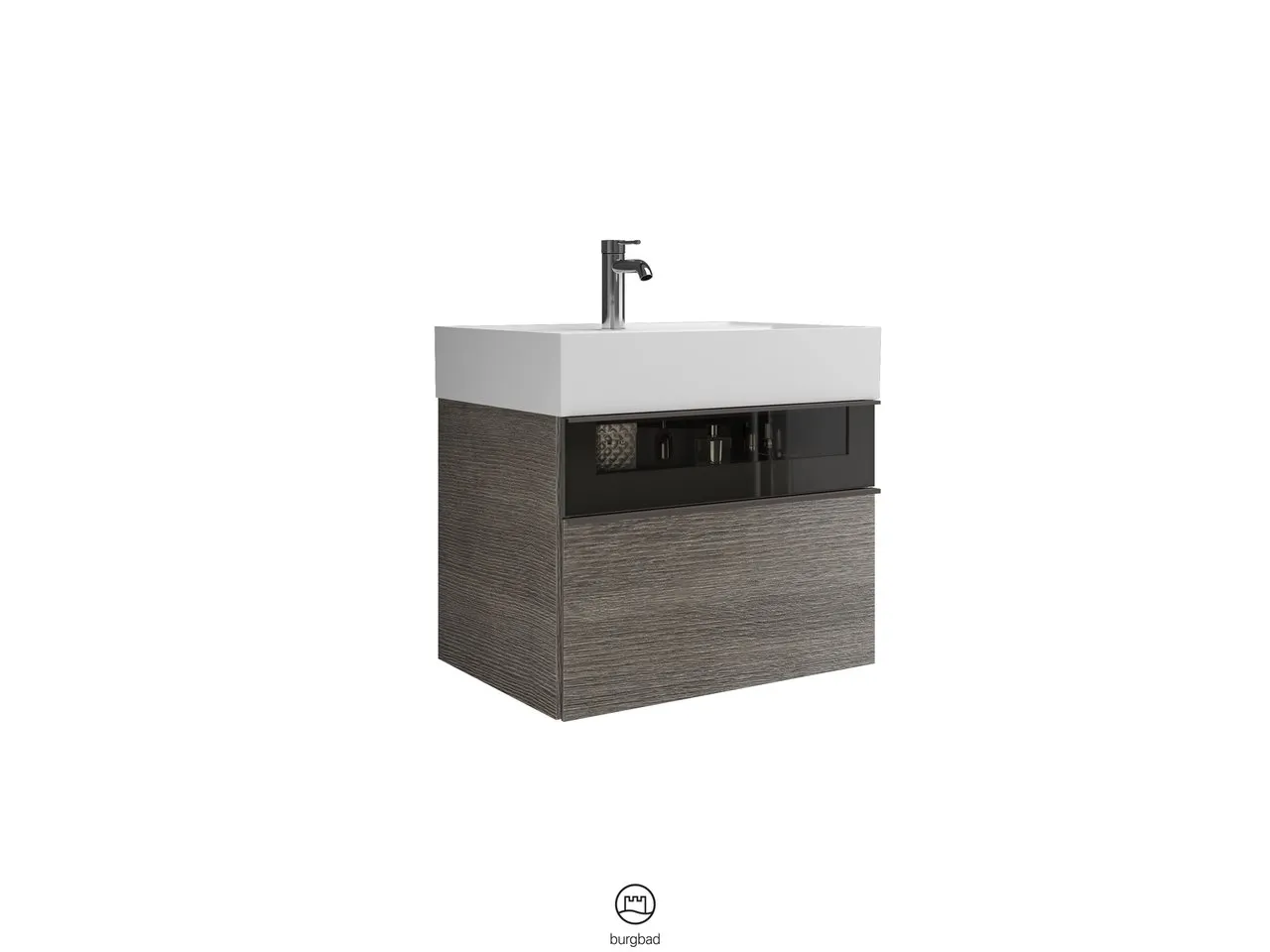 Mi-Waschtisch inkl. WTU Yumo von burgbad – Mineralguss, 470x665x610 mm, 1 Schublade, Rauchglasfront