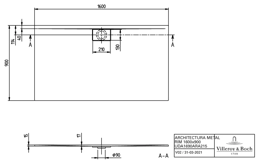 Villeroy & Boch rechteck Duschwanne „Architectura MetalRim“ 160 × 90 cm