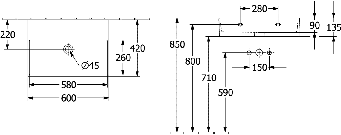 Villeroy & Boch Memento 2.0 Waschbecken TitanCeram 600x420mm Rechteck ohne Überlauf Weiß Alpin