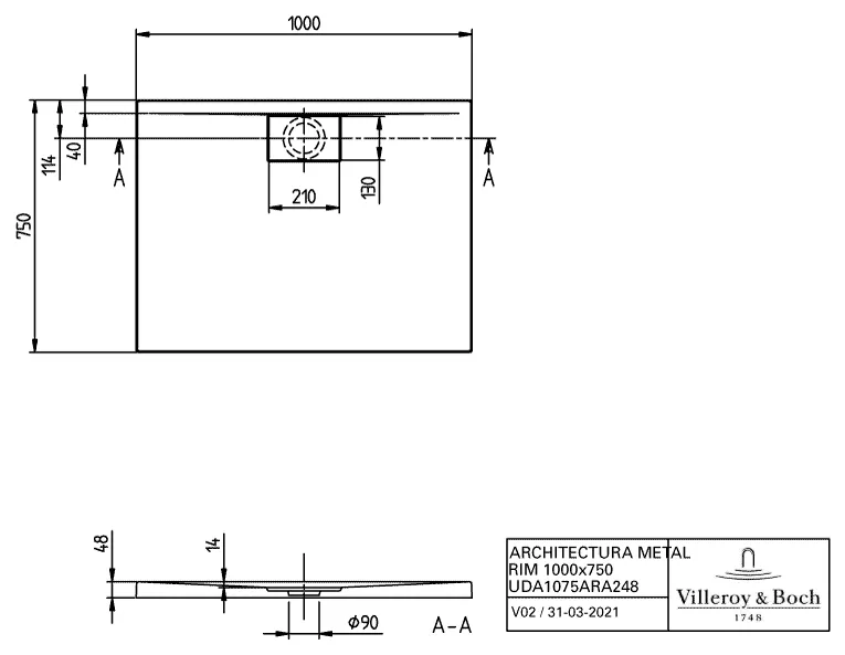 Villeroy & Boch rechteck Duschwanne „Architectura MetalRim“ 100 × 75 cm