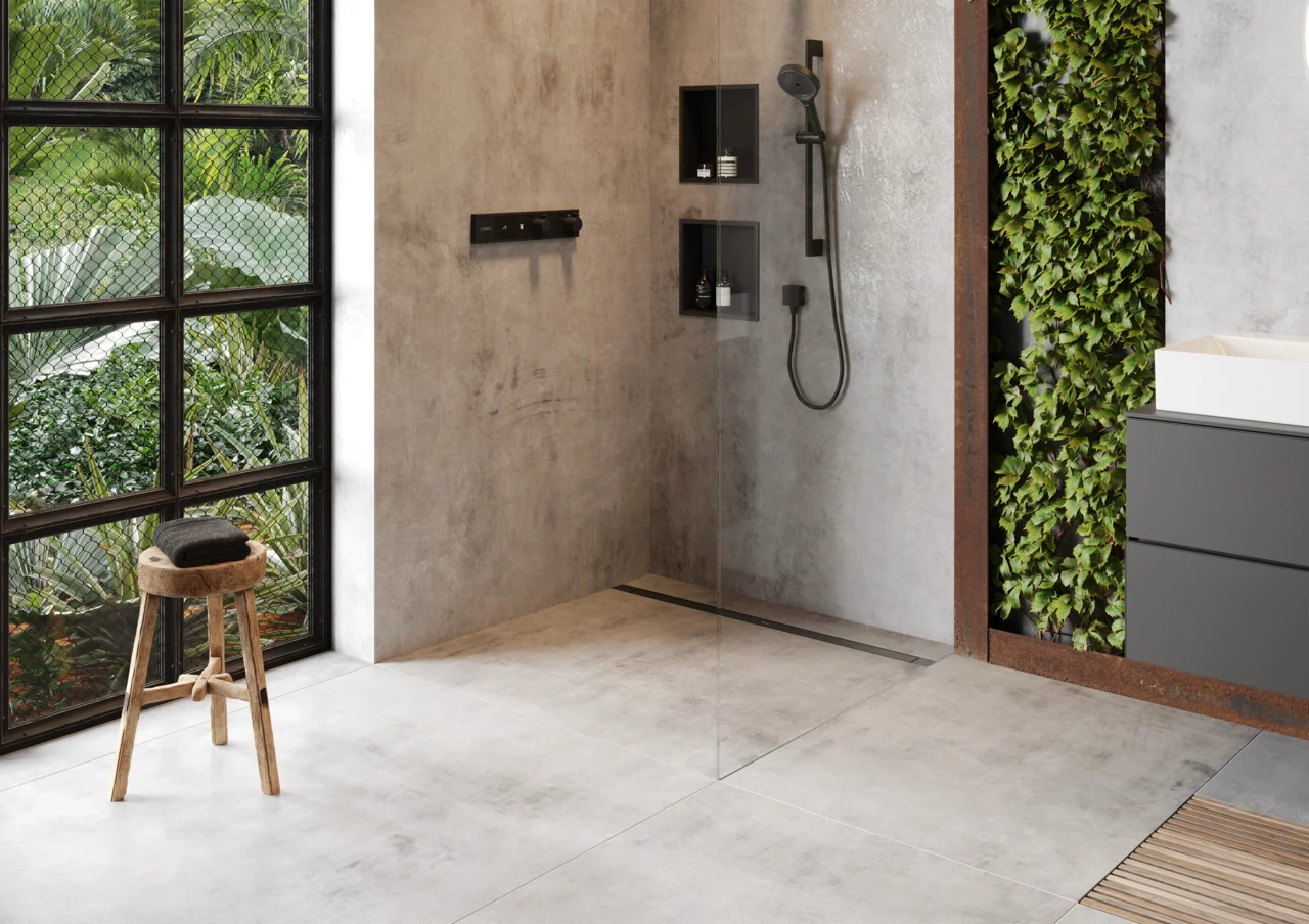 Hansgrohe RainDrain Match Plus Duschrinne Fertigset 1200 mm, höhenverstellbarer Rahmen, Mattschwarz