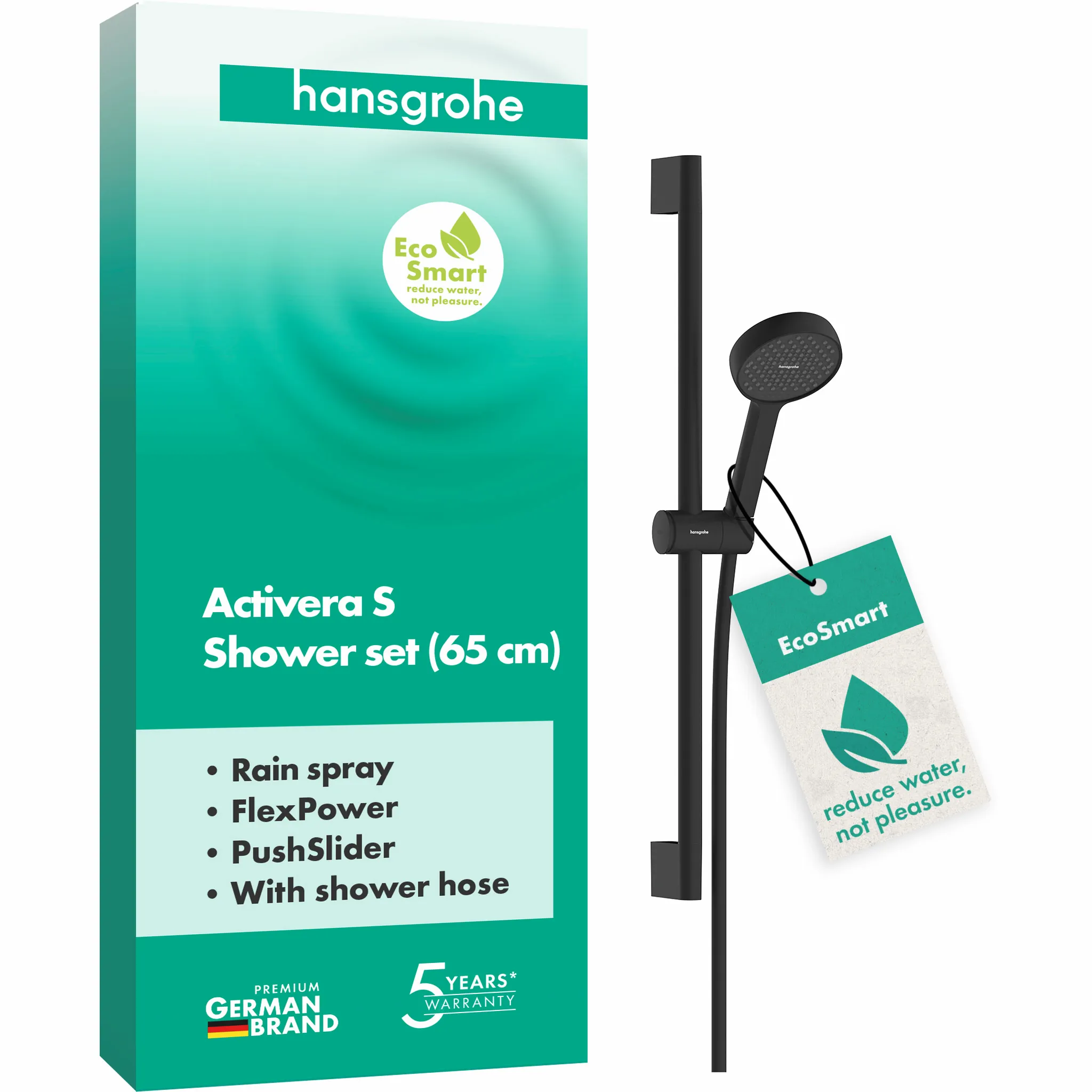 Hansgrohe Activera S Brauseset EcoSmart, 95 mm Brausekopf, Rain Strahl, mattschwarz, 65 cm Brausestange Hansgrohe Activera S Brauseset EcoSmart, 95 mm Brausekopf, Rain Strahl, mattschwarz, 65 cm Brausestange