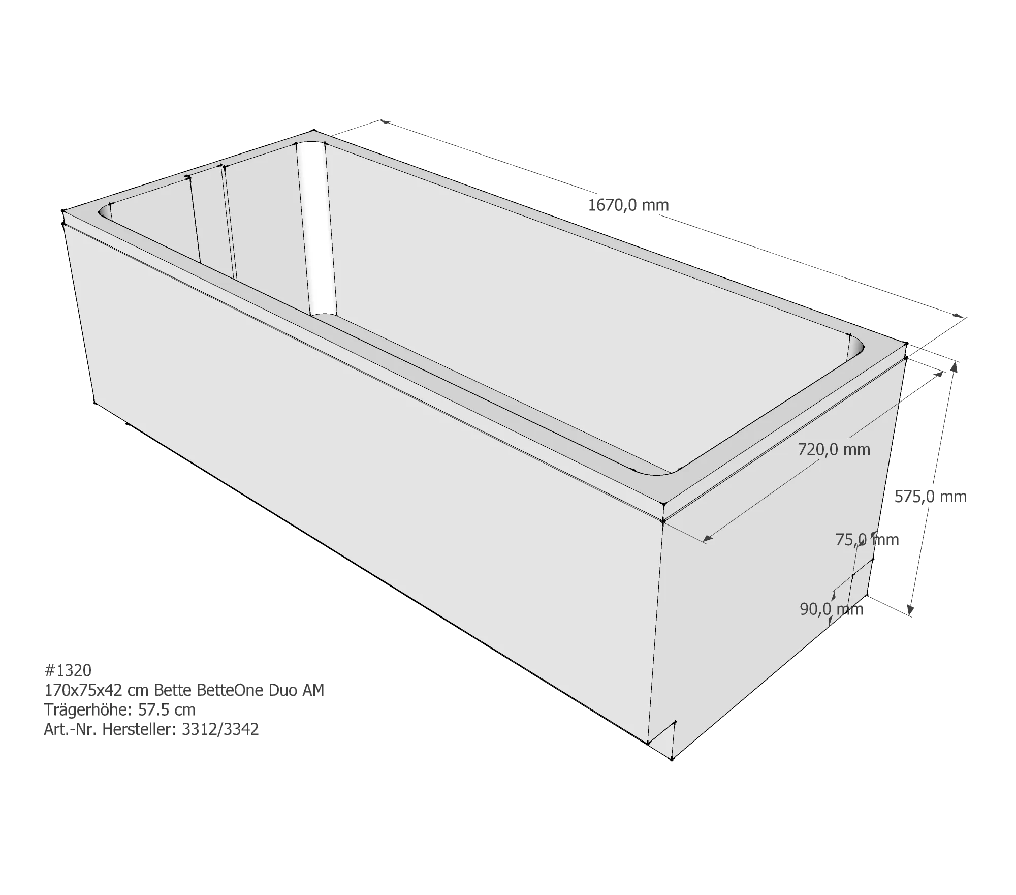 Badewannenträger für Bette One (Duo) 170 × 75 × 42 cm Breite: 75 cm / Länge: 170 cm