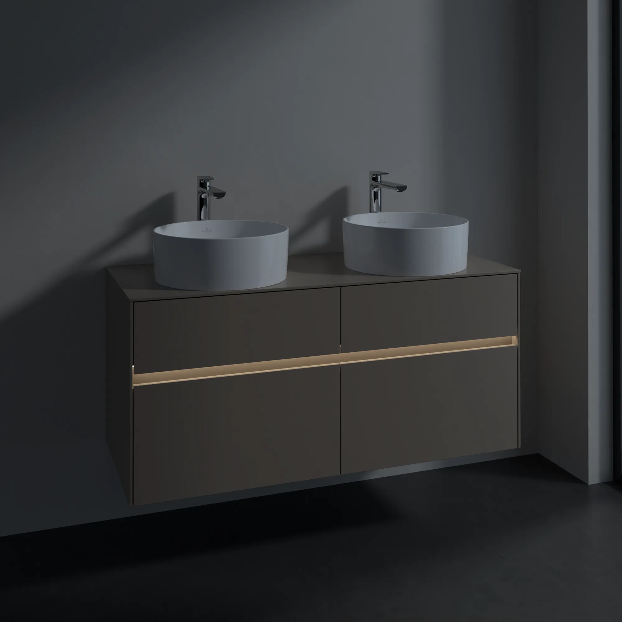 Villeroy & Boch Waschtischunterschrank „Collaro“ 1200 × 548 × 500 mm Taupe, mit Beleuchtung, für links und rechts