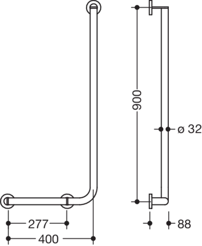 Winkelgriff des Systems 900, Edelstahl, PVD, waagerechte Länge 400 mm, senkrechte Länge 900 mm, D: 32 mm, Ausführung links, in Farbe CK (messing glänzend)