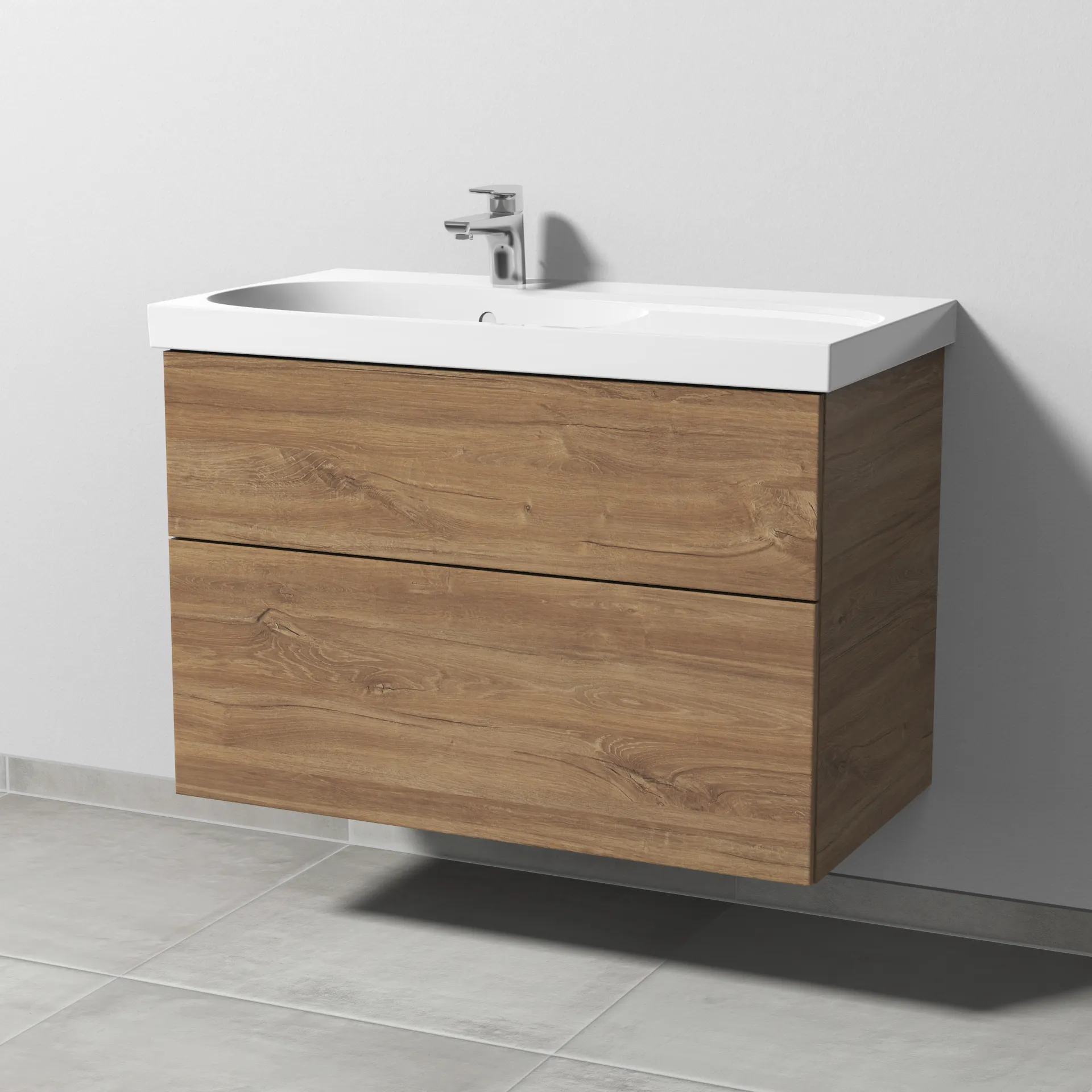 Sanipa Waschtischunterschrank „3way“ passend zu Keramik-Waschtische Acanto von Geberit 870 × 586 × 467 mm in Eiche Kansas, Anschlag links, mit