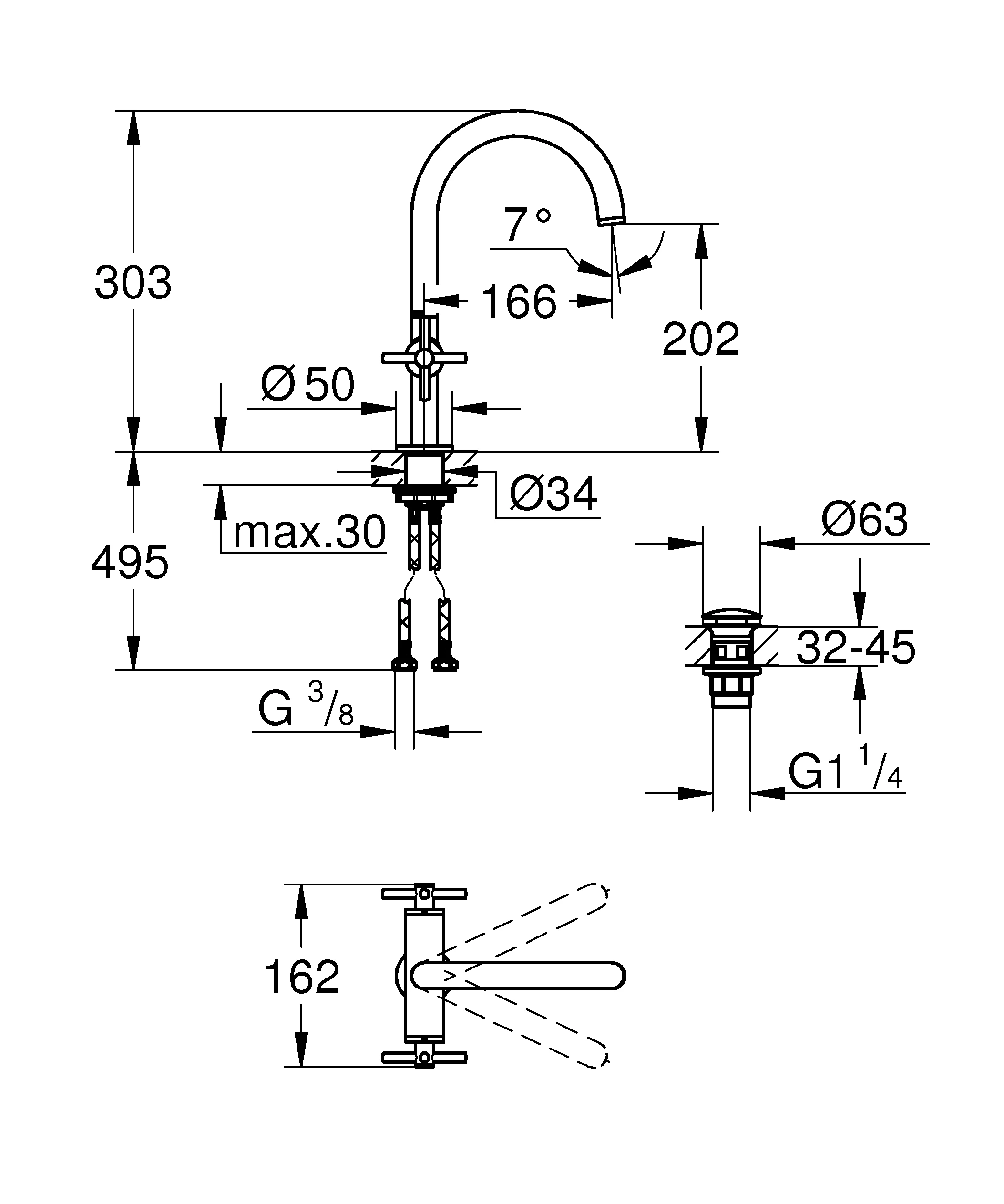 Waschtisch-Einlochbatterie Atrio 21144, L-Size, mit Kreuzgriffen, Push-open Ablaufgarnitur 1 1/4'', chrom