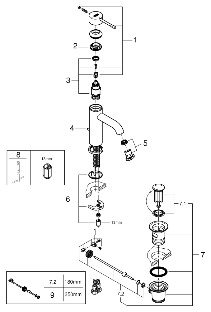 Einhand-Waschtischbatterie Essence 24180_1, S-Size, Einlochmontage, Mittelstellung kalt, Zugstangen-Ablaufgarnitur, Professional Edition, chrom