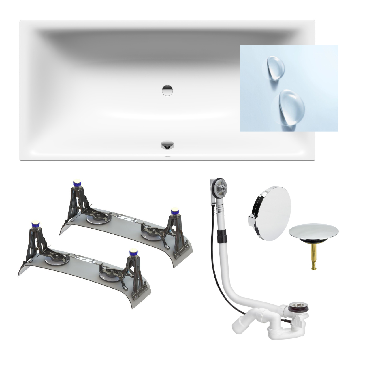 Set Badewanne Silenio 190 × 90 cm Perleffekt mit Fußgestell und Viega-Ablauf