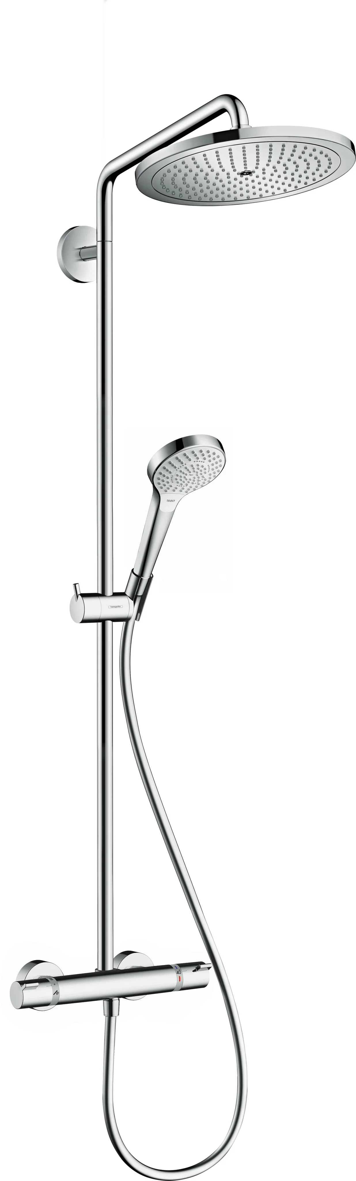 Hansgrohe Croma Select S Showerpipe 280 chrom, 1-Jet mit Thermostat, RainAir Strahl, 400 mm Brausearmlänge, höhenverstellbare Handbrausehalterung