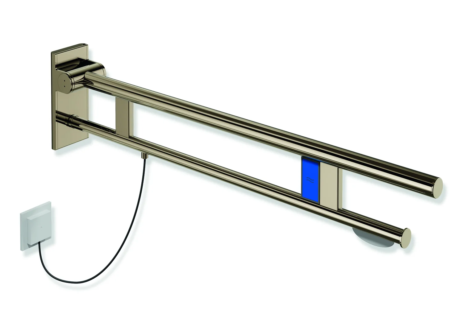 HEWI Stützklappgriff Duo System 900, Design A, Edelstahl PVD bronze glänzend, Ausladung 900 mm, mit WC-Papierhalter und Spülauslösung E-Ausführung