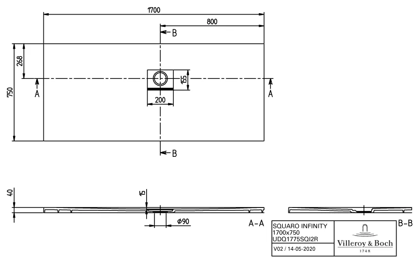 Villeroy & Boch rechteck Duschwanne „Squaro Infinity“ Eck-Einbau rechts gegen Wand 170 × 75 cm