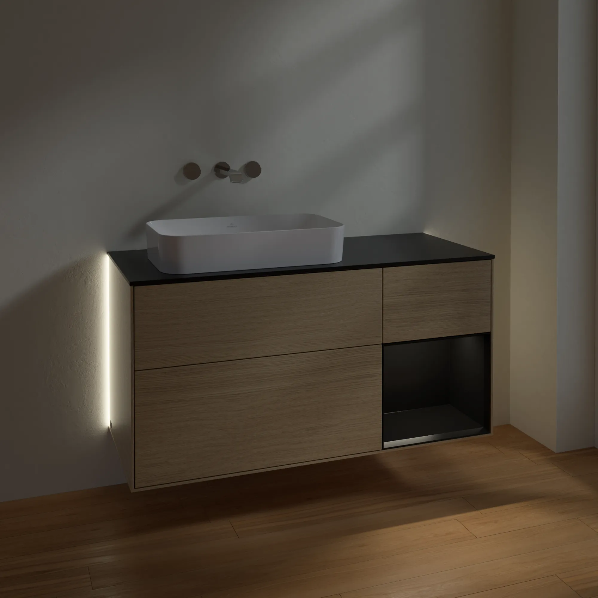 Villeroy & Boch Waschtischunterschrank „Finion“ für Schrankwaschtisch 1200 × 603 × 501 mm Oak Veneer, ohne Hahnlochbohrung, für Becken links Villeroy & Boch Waschtischunterschrank „Finion“ für Schrankwaschtisch 1200 × 603 × 501 mm Oak Veneer, ohne Hahnlochbohrung, für Becken links