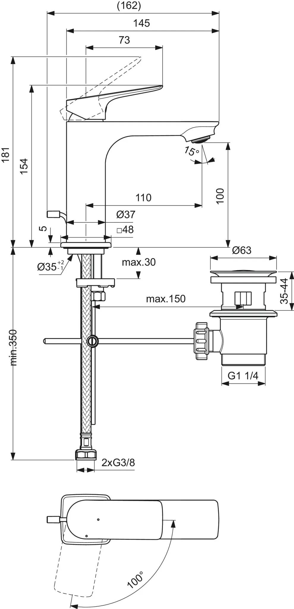 Ideal Standard Waschtischarmatur H100 Ceralife C Ausladung 110mm mit Ablaufgarnitur BlueStart Chrom Ideal Standard Waschtischarmatur H100 Ceralife C Ausladung 110mm mit Ablaufgarnitur BlueStart Chrom