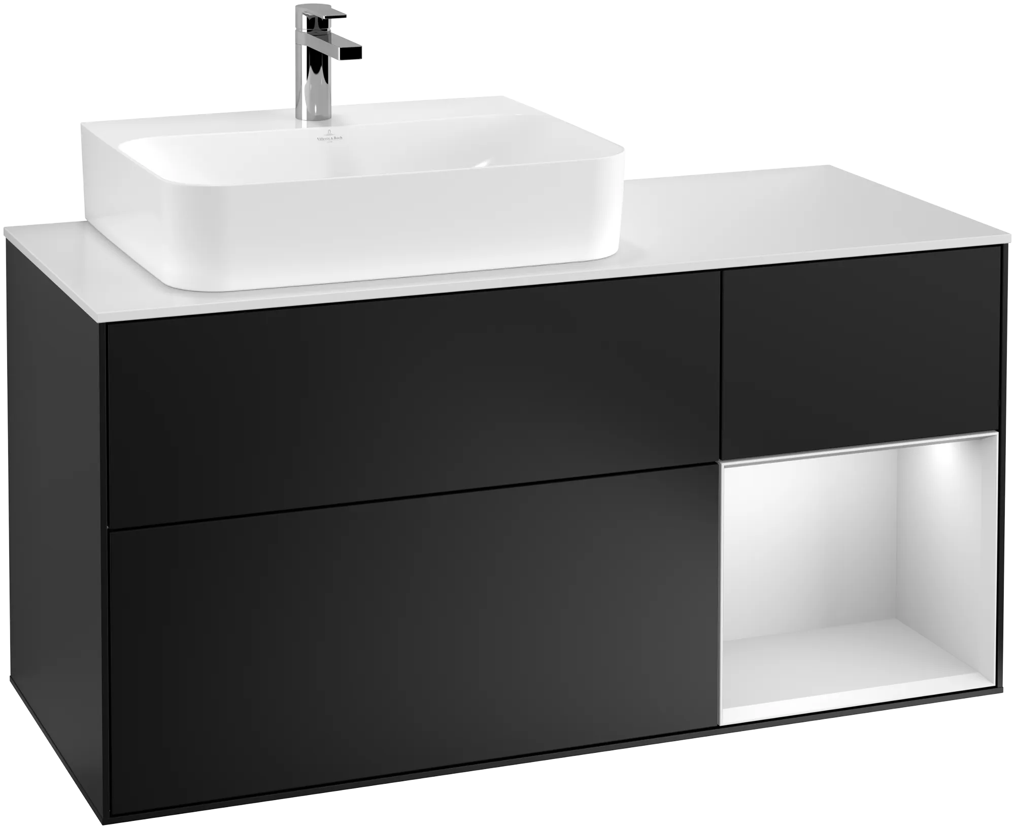 Villeroy & Boch Finion Waschbeckenunterschrank F15, 1200x603x501mm, Black Matt Lacquer / White Matt Lacquer / Glass White Matt