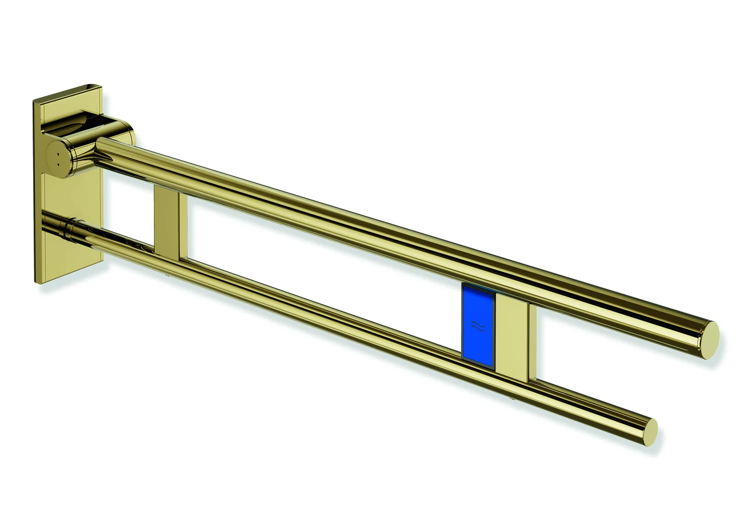 HEWI Stützklappgriff Duo System 900, Design A, Edelstahl PVD gold glänzend, Ausladung 850 mm, Funk-Spülauslösung, links HEWI Stützklappgriff Duo System 900, Design A, Edelstahl PVD gold glänzend, Ausladung 850 mm, Funk-Spülauslösung, links