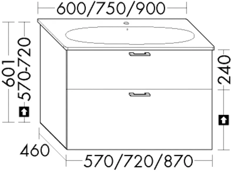 Waschtischunterschrank Sys30 von burgbad – 460 mm tief, 870 mm breit, 601 mm hoch, mit 1 Schublade oben und 1 Auszug unten