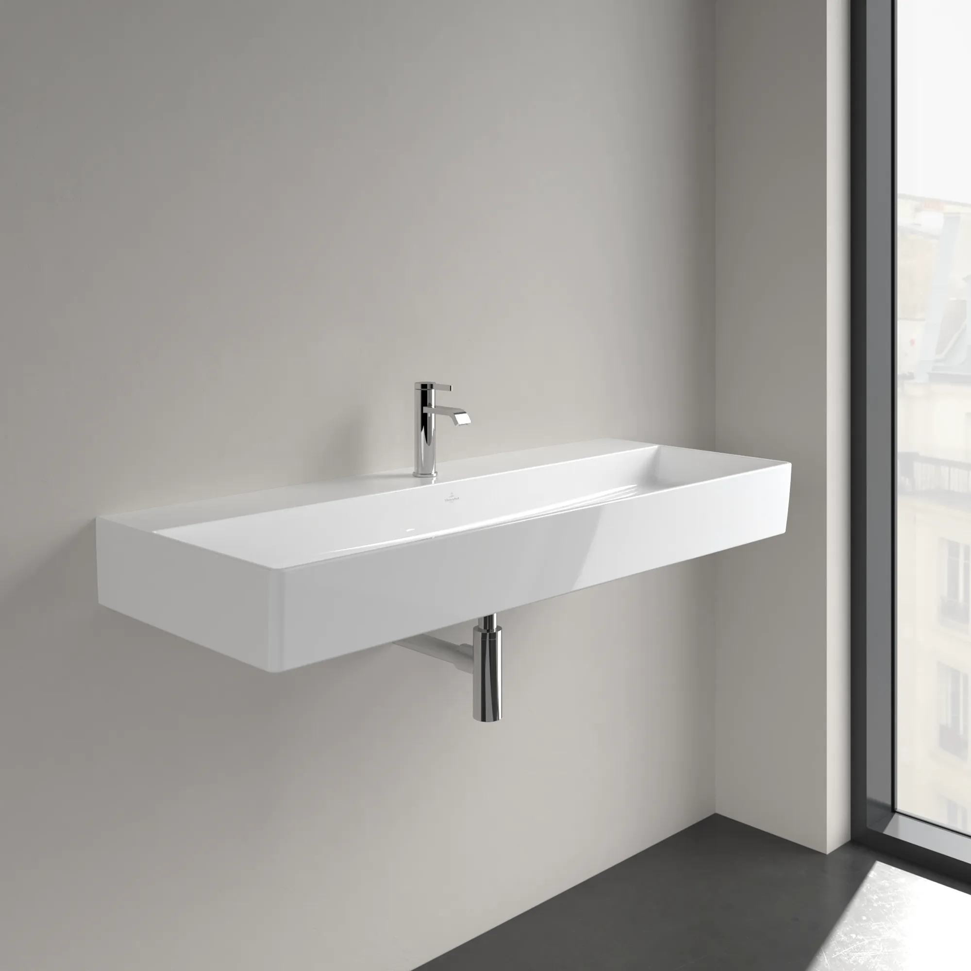 Villeroy & Boch Wandwaschtisch aus TitanCeram „Memento 2.0“ 1200 × 470 × 150 mm, mit Hahnlochbohrung, Hahnlochposition mittig in Weiß Alpin