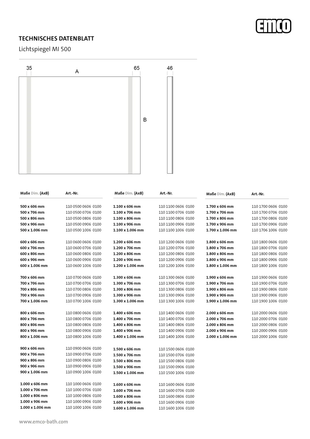 emco Lichtspiegel mit Sensorschalter „MI 500“ 70 × 90,6 cm