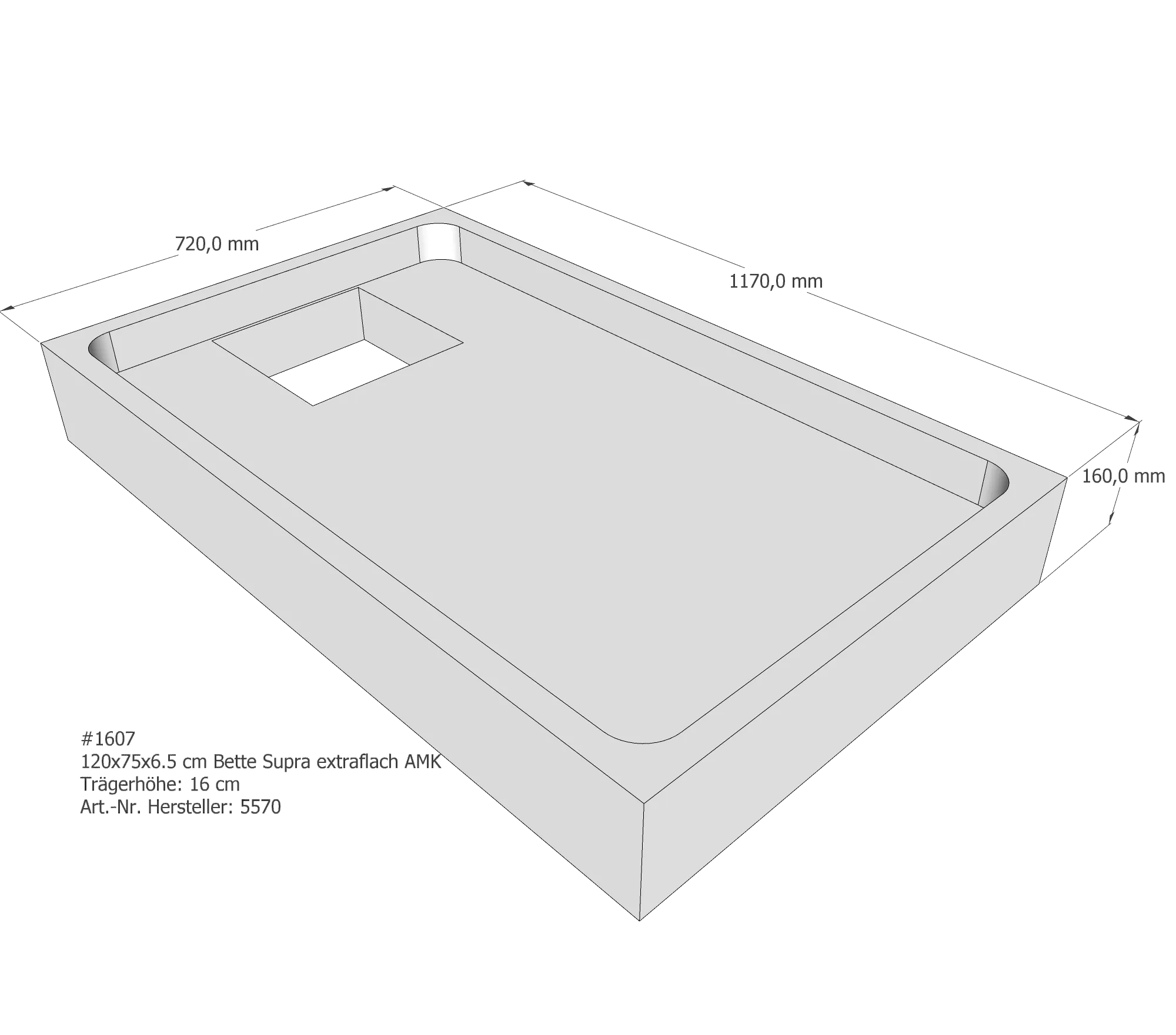 Duschwannenträger passend für Bette BetteSupra (extraflach) 120 × 75 × 6,5 cm Breite: 75 cm / Länge: 120 cm