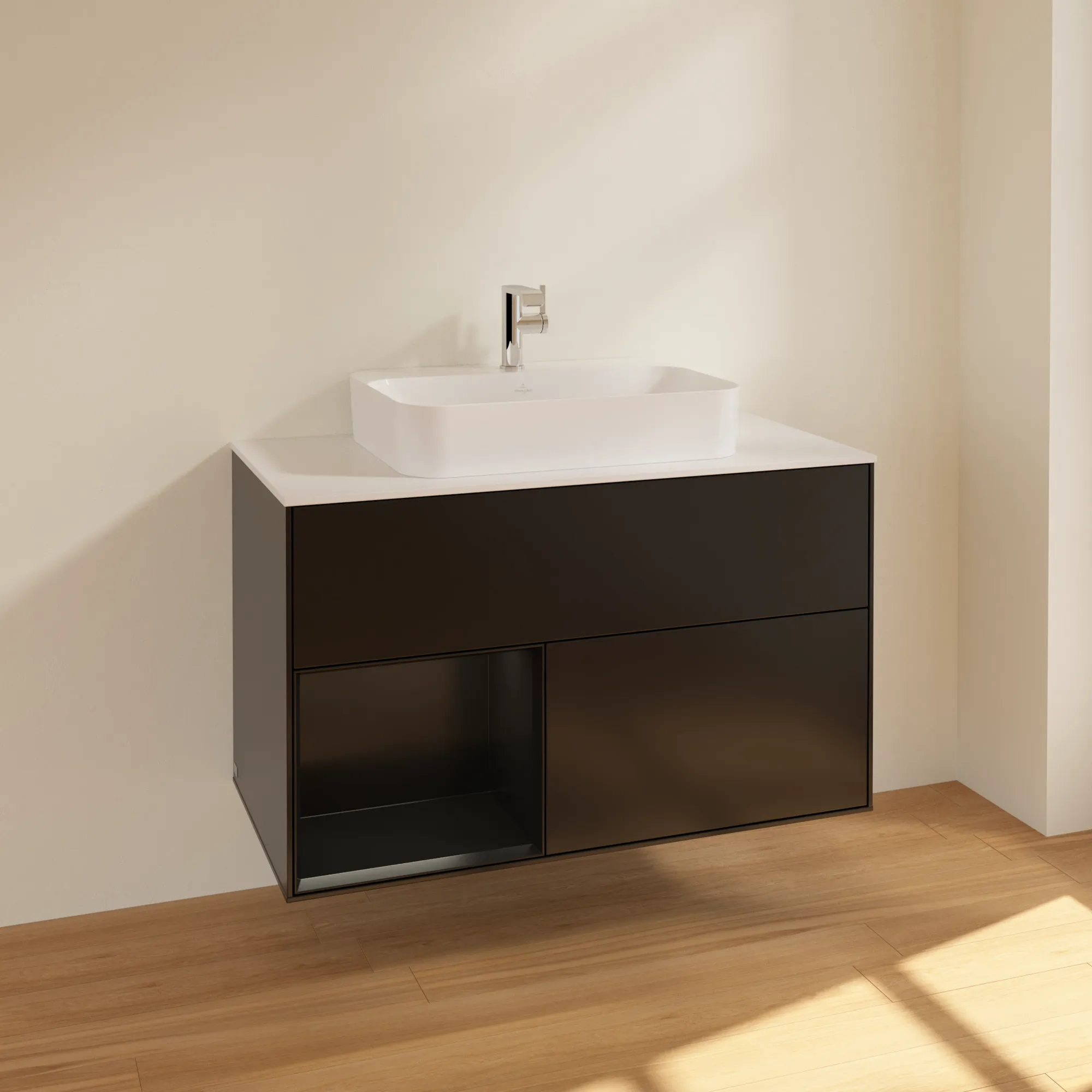 Villeroy & Boch Waschbeckenunterschrank Finion F36, 1000x603x501 mm, Black Matt Lacquer, mit Beleuchtung und SoftClosing Villeroy & Boch Waschbeckenunterschrank Finion F36, 1000x603x501 mm, Black Matt Lacquer, mit Beleuchtung und SoftClosing