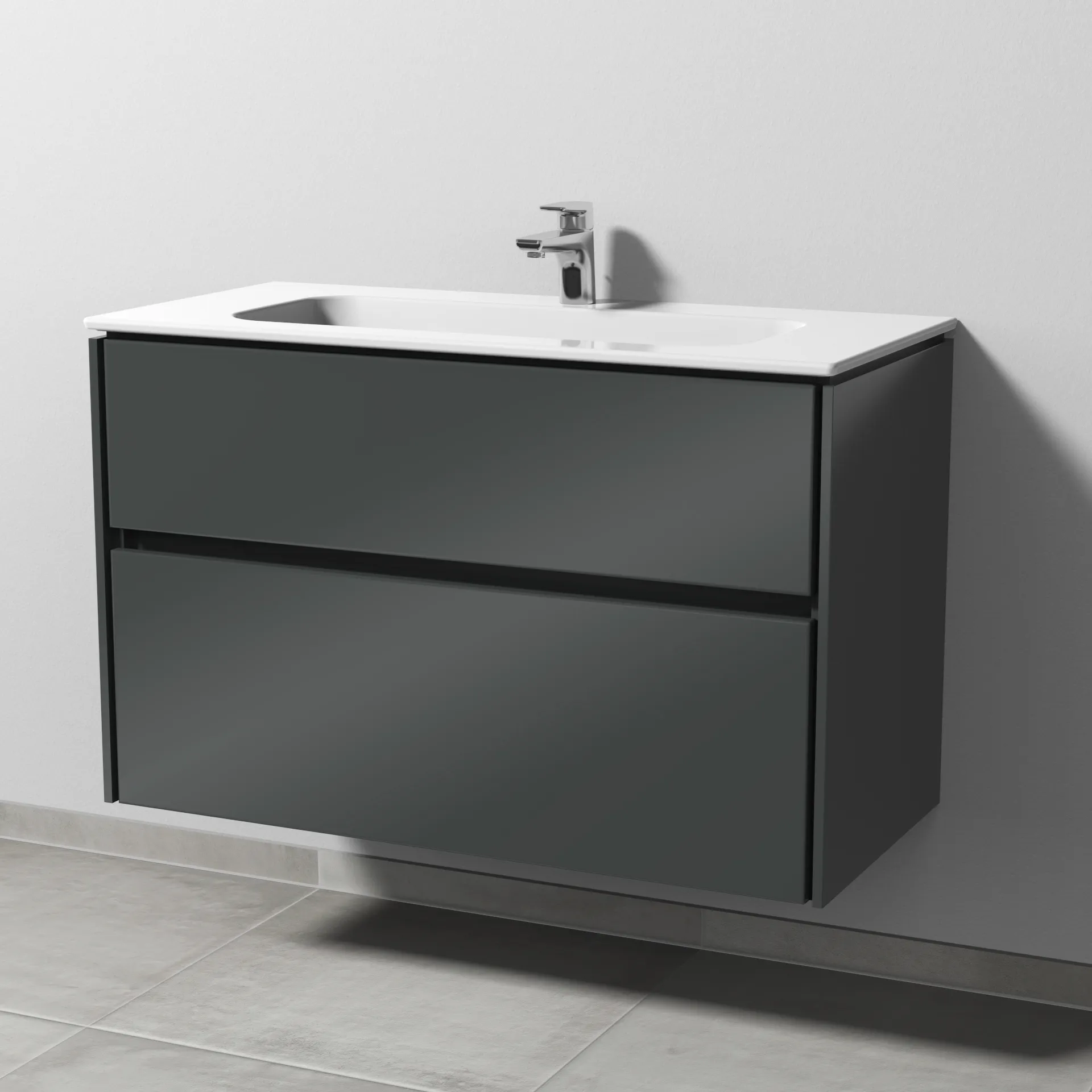 Keramik-Waschtisch-Set mit Waschtischunterschrank „Twiga“ 99 × 46 × 61 cm in Anthrazit (glanz), ohne Beleuchtung, mit Hahnlochbohrung Keramik-Waschtisch-Set mit Waschtischunterschrank „Twiga“ 99 × 46 × 61 cm in Anthrazit (glanz), ohne Beleuchtung, mit Hahnlochbohrung