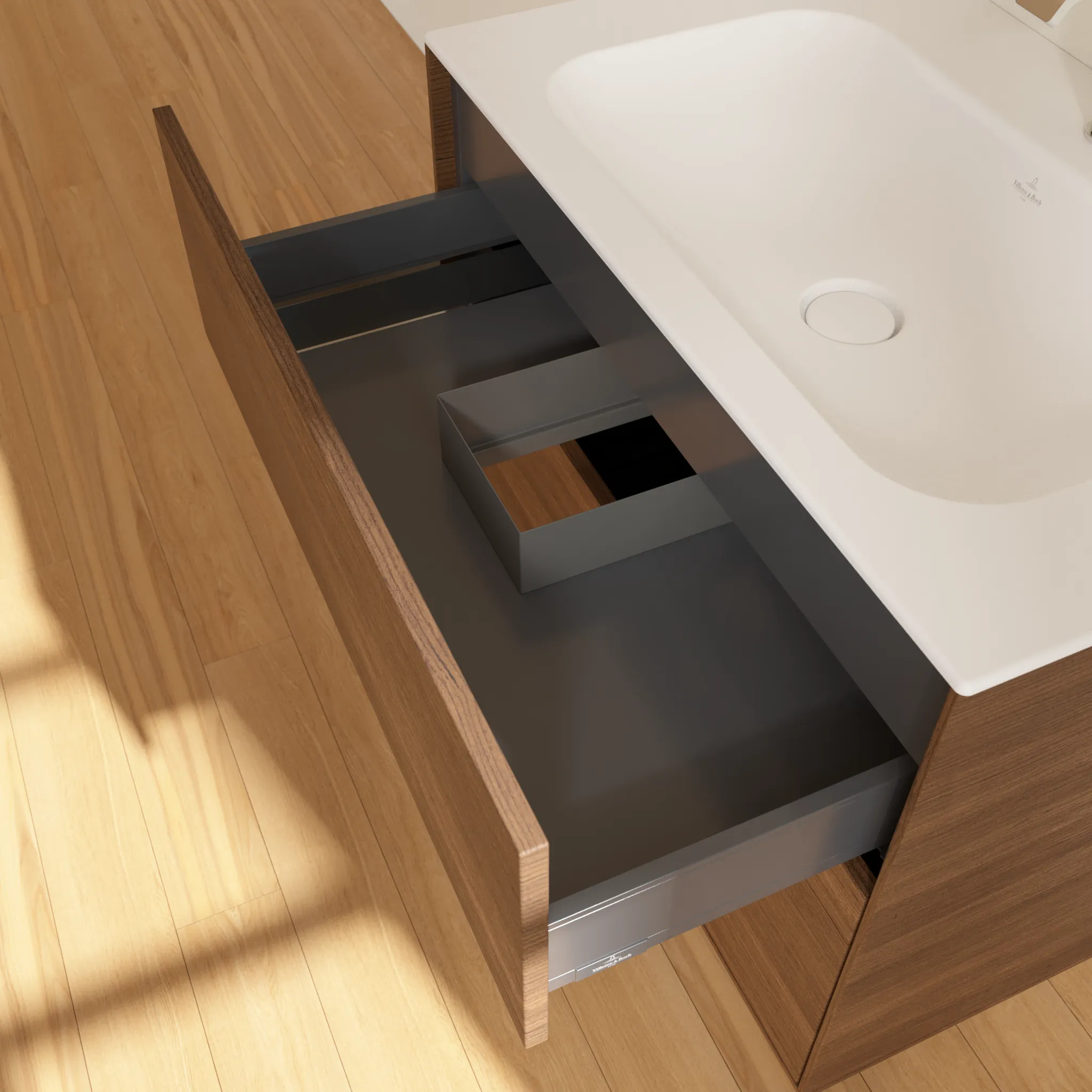 Villeroy & Boch Waschtischunterschrank „Finion“ für Schrankwaschtisch 796 × 591 × 498 mm Walnut Veneer, für Becken mittig Villeroy & Boch Waschtischunterschrank „Finion“ für Schrankwaschtisch 796 × 591 × 498 mm Walnut Veneer, für Becken mittig