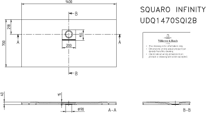 Villeroy & Boch rechteck Duschwanne „Squaro Infinity“ lange Seite geschnitten an der Wand 140 × 70 cm