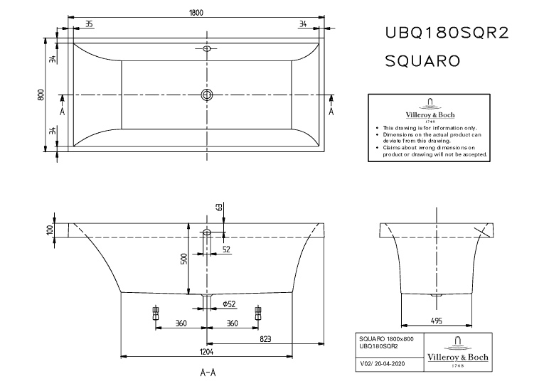Villeroy & Boch Badewanne „Squaro“ rechteck 180 × 80 cm, rechteckig, Mittelablauf 