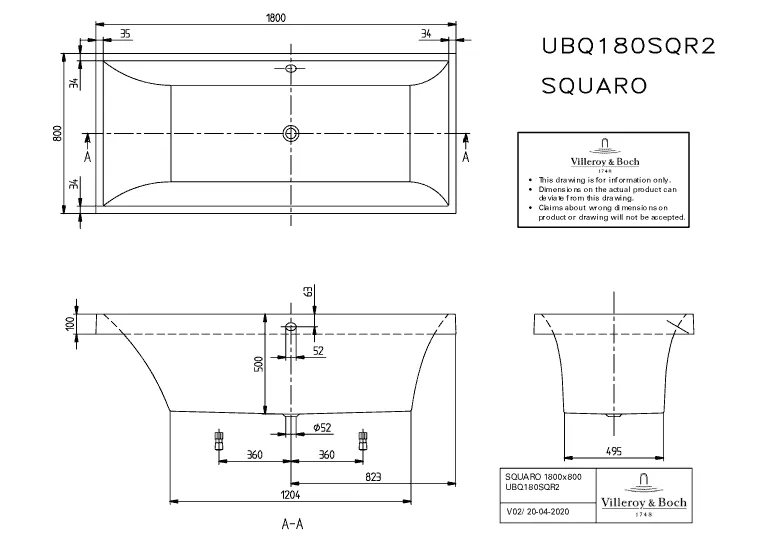 Villeroy & Boch Badewanne „Squaro“ rechteck 180 × 80 cm, Mittelablauf