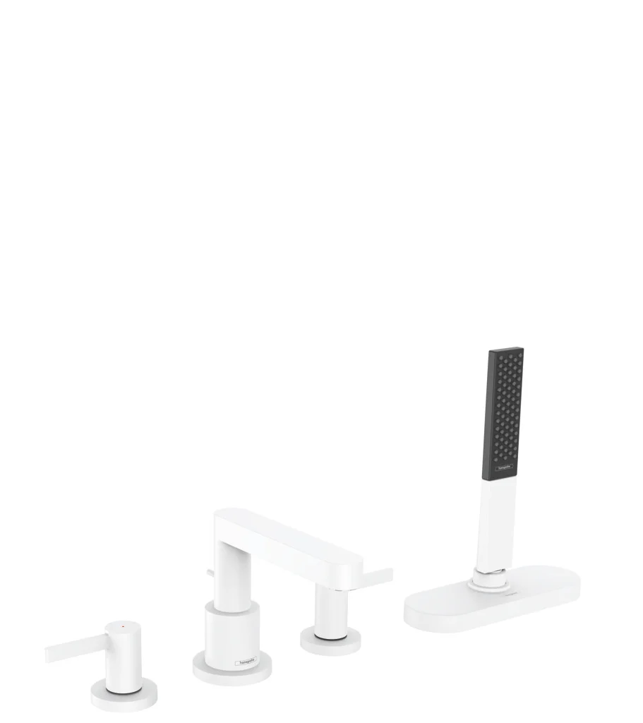 Hansgrohe Finoris 4-Loch Wannenrandarmatur, Mattweiß, Ausladung 152 mm, PowderRain-Handbrause, max. Durchfluss 23,5 l/min Hansgrohe Finoris 4-Loch Wannenrandarmatur, Mattweiß, Ausladung 152 mm, PowderRain-Handbrause, max. Durchfluss 23,5 l/min