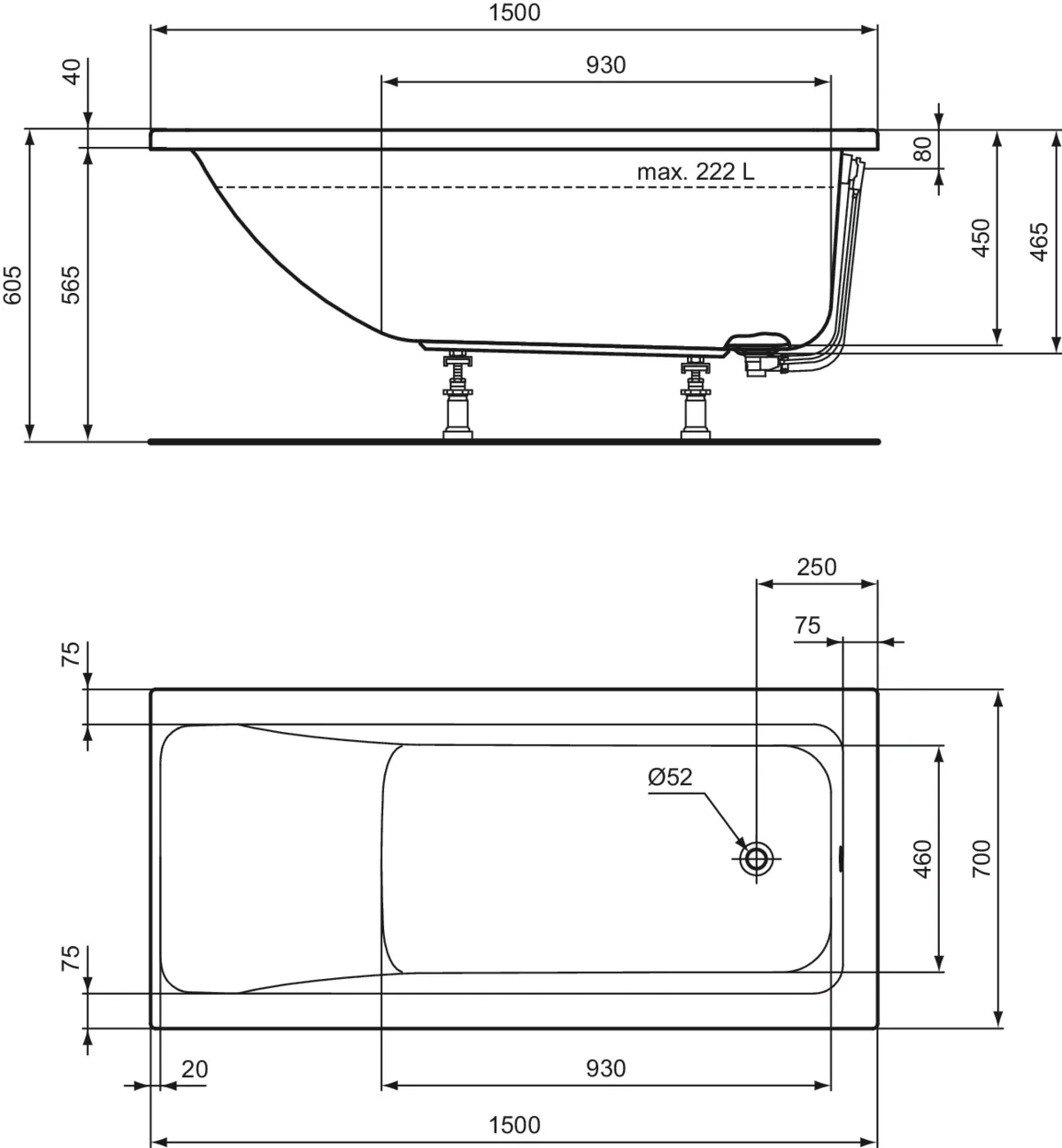 Ideal Standard Badewanne „ConnectAir“ 70 × 150 cm