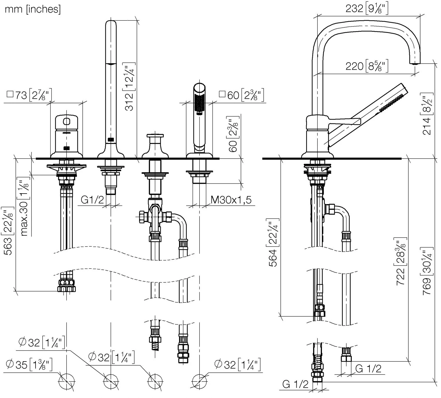 Dornbracht COYA Wannen-Vierlochbatterie Chrom, Auslauf: runder luftangereicherter Strahl, Durchfluss max. 18,2 l/min bei 3 bar, Handbrause COMPACT RAIN, Schlauchbrausegarnitur mit Antikalk-System, automatische Umstellung Wanne/Brause, Ausladung 220 mm, A