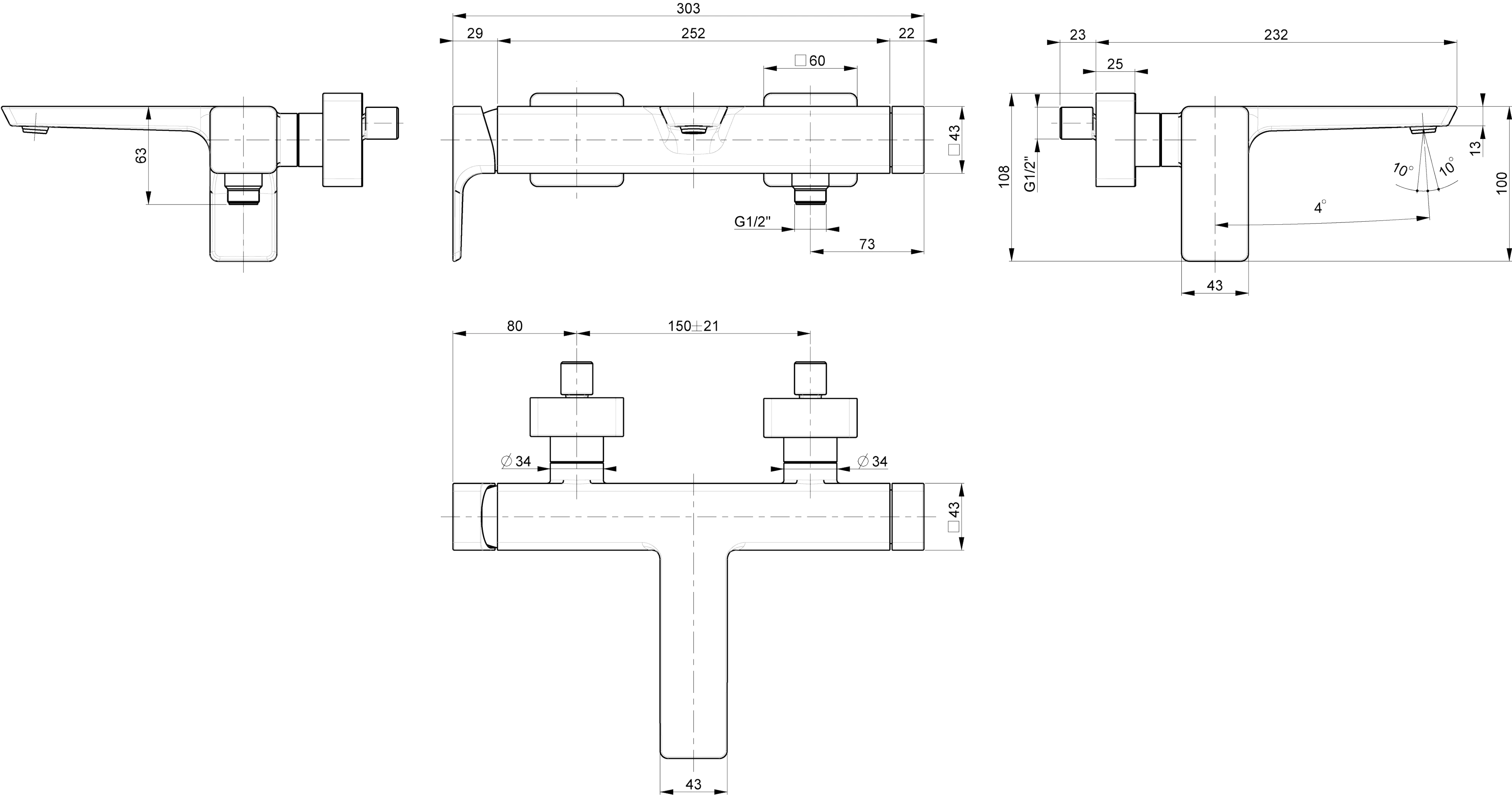 Villeroy & Boch Einhebel-Badewannenarmatur Subway 3.0, eckig, Chrom, 108 mm Höhe, 303 x 232 mm Maße