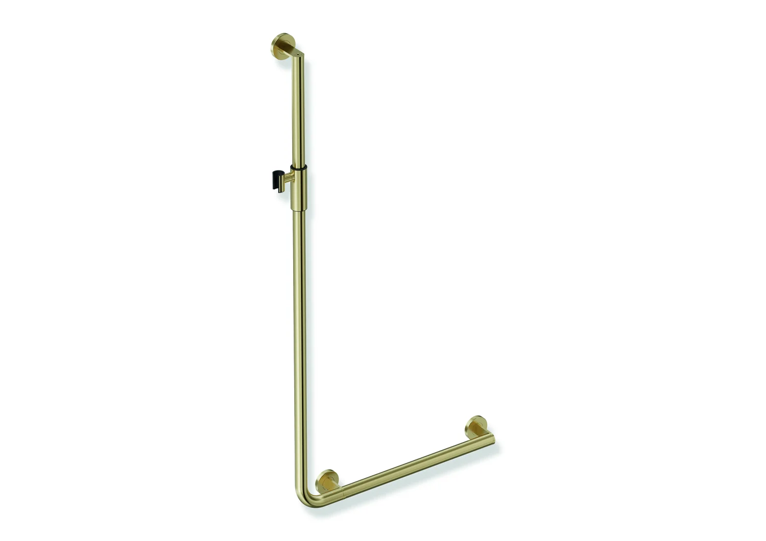 HEWI Winkelgriff mit Brausehalter, Edelstahl, PVD, waagerechte Länge 600 mm, senkrechte Länge 1250 mm, D: 32 mm, Ausführung rechts HEWI Winkelgriff mit Brausehalter, Edelstahl, PVD, waagerechte Länge 600 mm, senkrechte Länge 1250 mm, D: 32 mm, Ausführung rechts