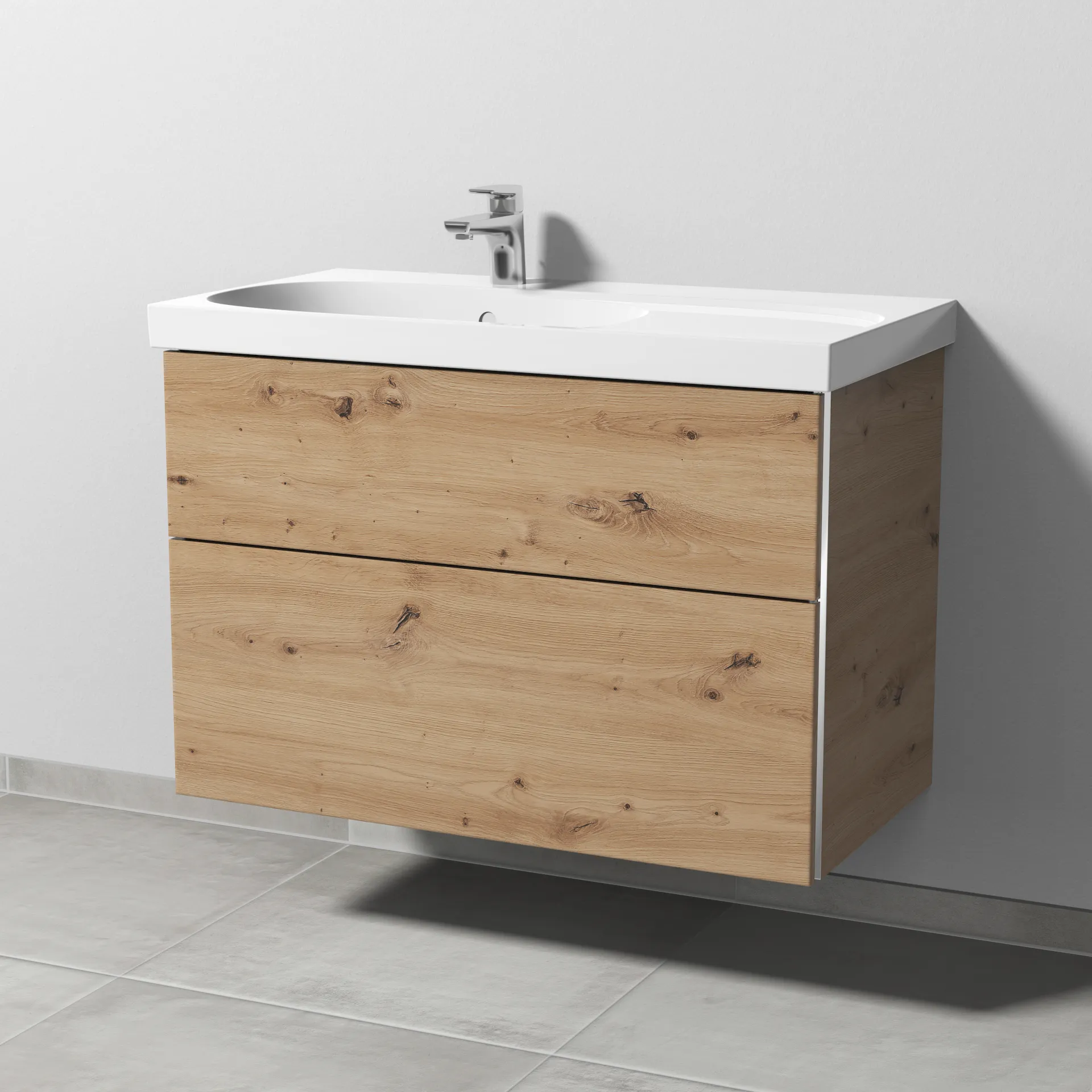 Sanipa Waschtischunterschrank „3way“ passend zu Keramik-Waschtische Acanto von Geberit 870 × 586 × 467 mm in Eiche Natural-Touch, Anschlag links, mit